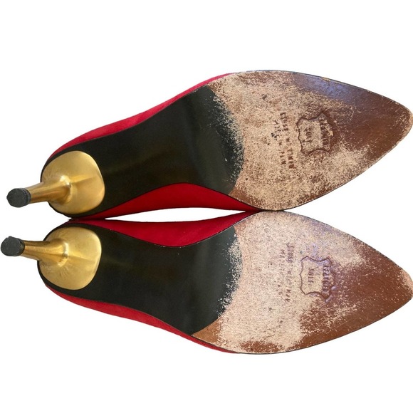 Vintage Stuart Weizmann Red Suede Gold Heel Dress Pumps - Size 7W - Picture 7 of 7
